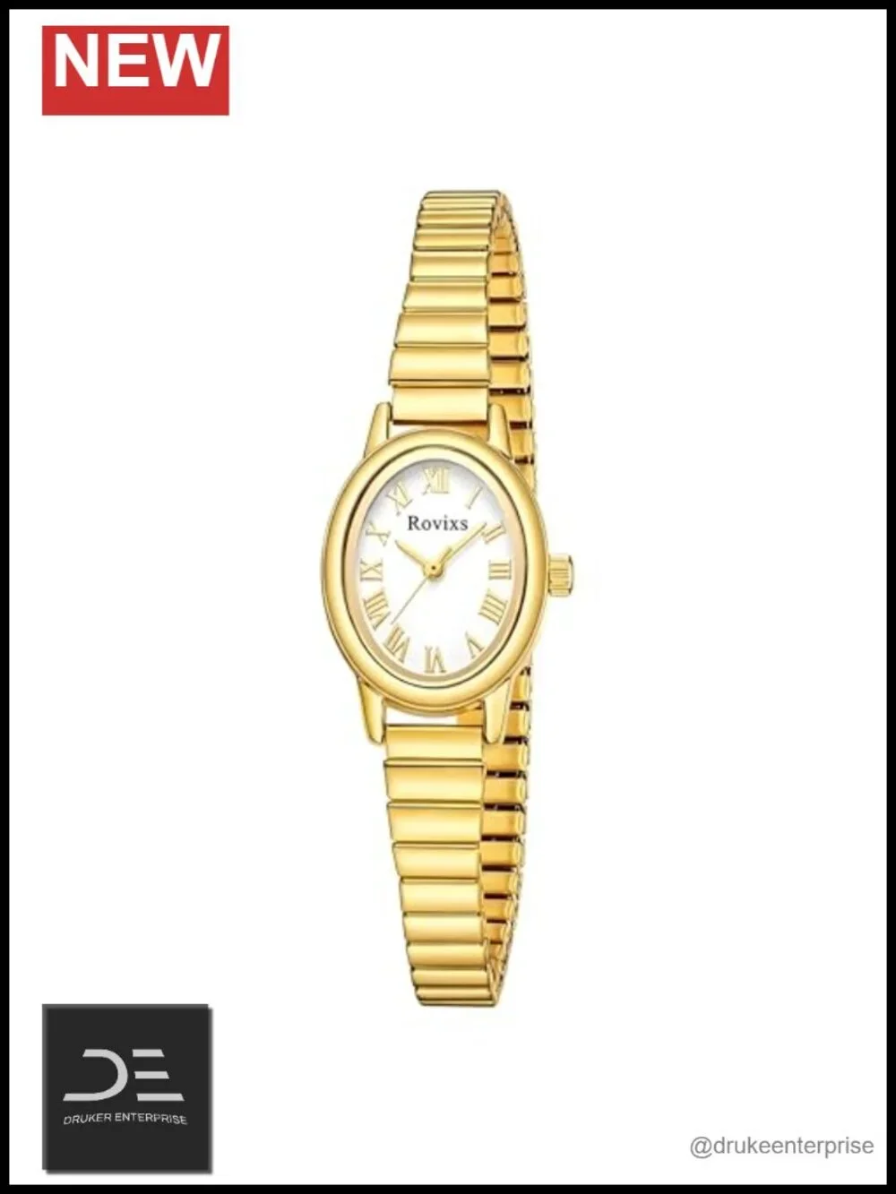 Vintage Oval Analog Quartz Watch with Stainless Steel Expansion Band, Roman